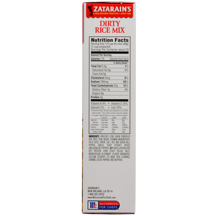 Zatarain's Dirty Rice Mix nutrition facts and ingredients label.