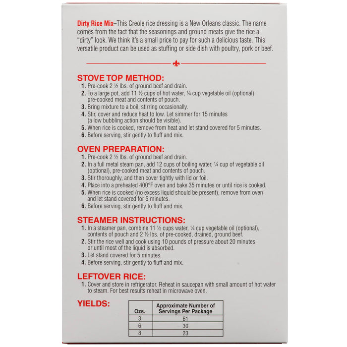 Dirty Rice Mix instructions for stove top, oven, and steamer preparation, as well as leftover rice instructions and approximate number of servings per package.