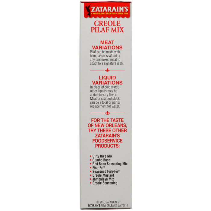 Zatarain's Creole Pilaf Mix box with a list of other foodservice products.