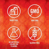 The illustration shows four icons indicating that the product is dairy-free non-GMO has no artificial colors or flavors and is gluten-free.