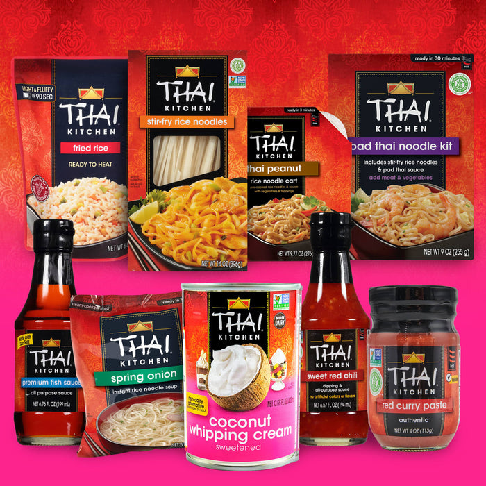 A variety of Thai Kitchen products are displayed including fried rice stir-fry rice noodles coconut whipping cream and red curry paste.