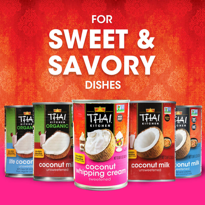 A variety of Thai Kitchen coconut milk products are displayed with the text For Sweet &amp; Savory Dishes above them.