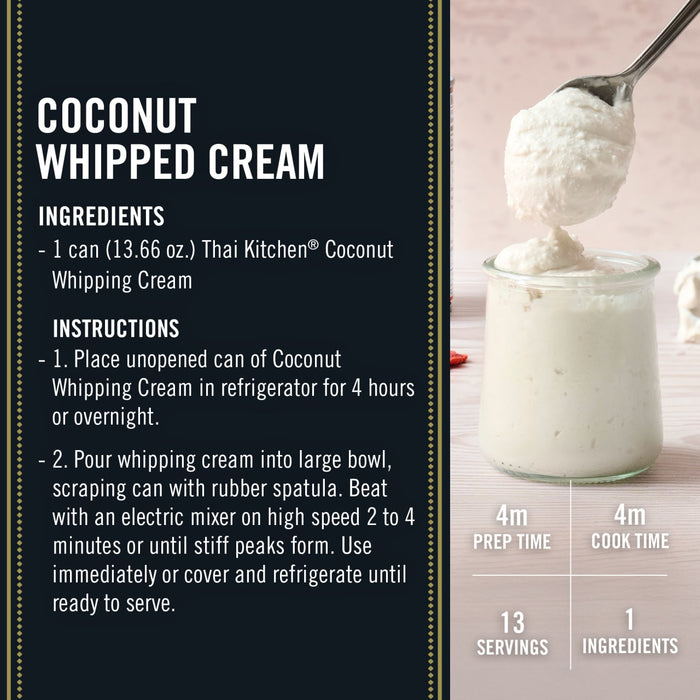 A recipe for Coconut Whipped Cream using Thai Kitchen Coconut Whipping Cream with preparation and cook times of 4 minutes each yielding 13 servings and requiring only 1 ingredient.