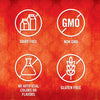 The image shows four icons indicating that the product is dairy-free non-GMO has no artificial colors or flavors and is gluten-free.