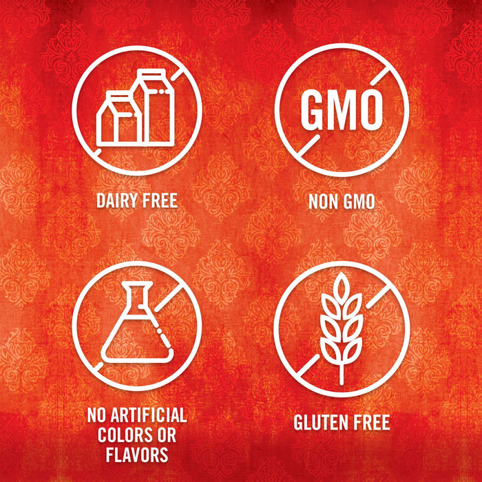 The image shows four icons indicating that the product is dairy-free non-GMO has no artificial colors or flavors and is gluten-free.