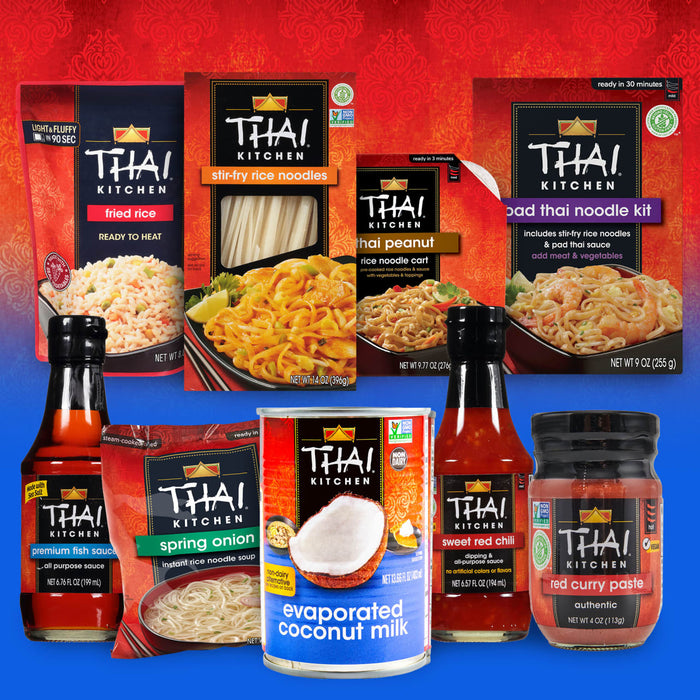 A variety of Thai Kitchen products are displayed including noodles sauces and coconut milk.