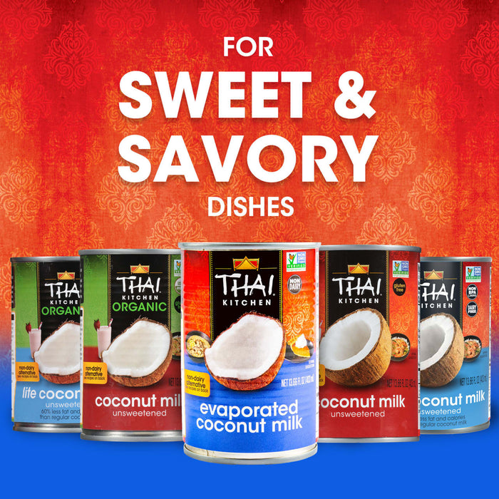 A variety of Thai Kitchen coconut milk products are displayed with the text For Sweet &amp; Savory Dishes above them.