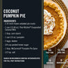 This image displays a recipe card for Coconut Pumpkin Pie featuring McCormick Pumpkin Pie Spice and Thai Kitchen Evaporated Coconut Milk along with prep and cook times servings and ingredient count.