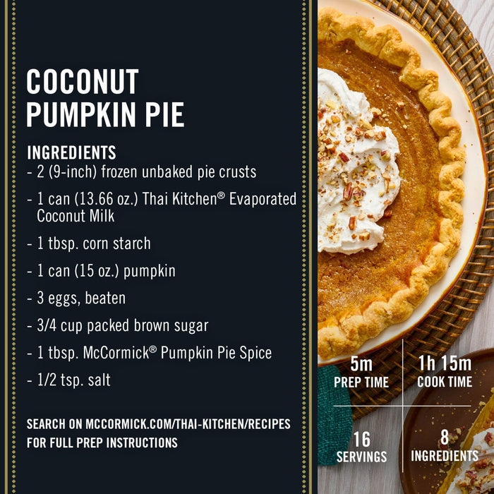 This image displays a recipe card for Coconut Pumpkin Pie featuring McCormick Pumpkin Pie Spice and Thai Kitchen Evaporated Coconut Milk along with prep and cook times servings and ingredient count.