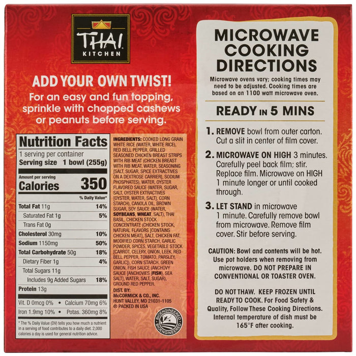 The back of the packaging for a Thai Kitchen, 9 Oz meal, displaying the nutrition facts, ingredients list, and microwave cooking instructions.