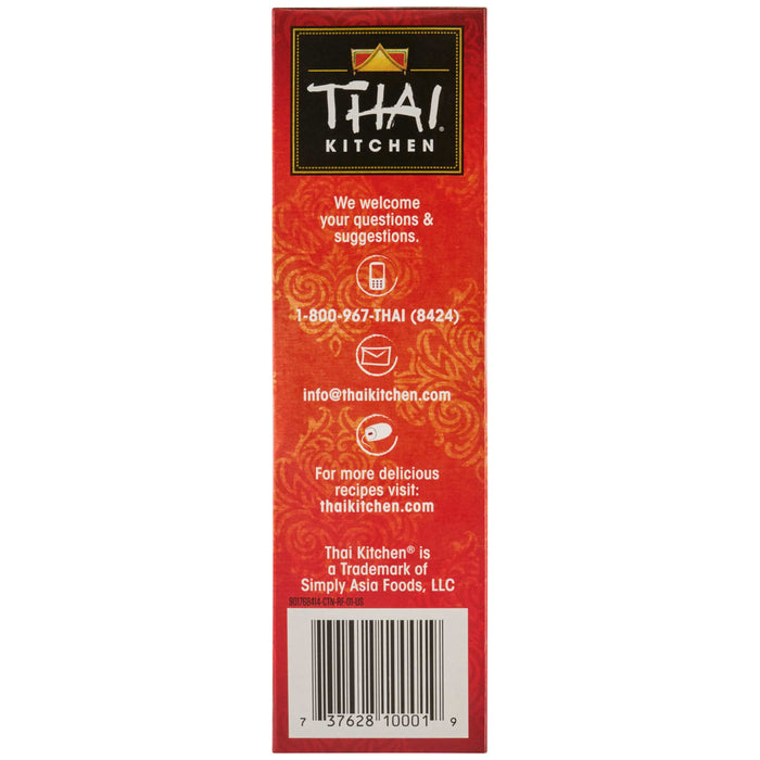 The side panel of a red box of Thai Kitchen, 9 Oz, displays the brand's logo and contact information, including a phone number, email address, and website for recipes.