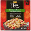 The front of the box for a package of Thai Kitchen, 9.0 Oz, Chicken &amp; Rice with Thai Basil Sauce shows a bowl of the prepared meal as a serving suggestion.