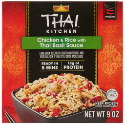 The front of the box for a package of Thai Kitchen, 9.0 Oz, Chicken &amp; Rice with Thai Basil Sauce shows a bowl of the prepared meal as a serving suggestion.
