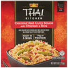 The red and black box of Thai Kitchen, 9.0 Oz Coconut Red Curry Sauce with Chicken &amp; Rice, a frozen meal, displays a serving suggestion of the dish in a black bowl.