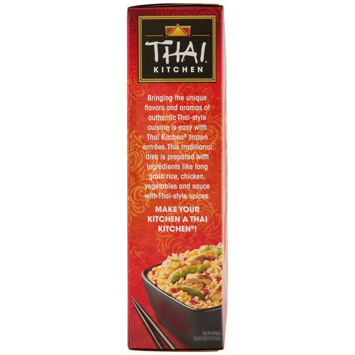The side panel of a red box of Thai Kitchen, 9.0 Oz frozen entrée features the brand logo, descriptive text, and a serving suggestion of the meal in a bowl.