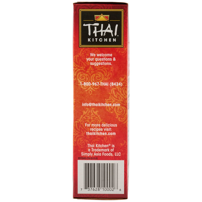 The side panel of a Thai Kitchen, 9.0 Oz package displays the brand's contact information, including a phone number, email address, and website for recipes.