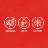 The image displays three white icons on a red background: USDA Organic, Zero Fat, and Keep Frozen, indicating product qualities or instructions.