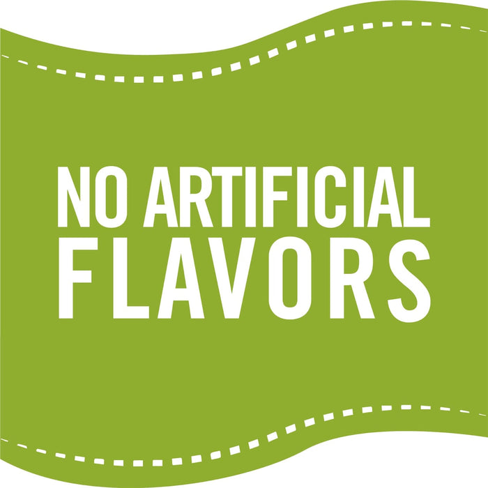 A green label with a white dashed line border that says NO ARTIFICIAL FLAVORS in white.