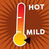 A thermometer with a red and yellow gradient pointing to the word HOT with an arrow pointing to the word MILD.