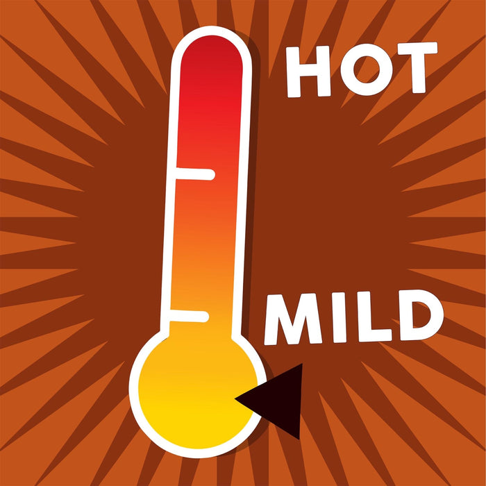 A thermometer with a red and yellow gradient pointing to the word HOT with an arrow pointing to the word MILD.