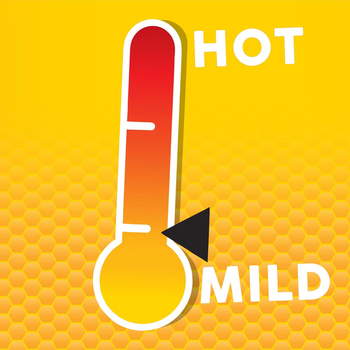 A thermometer with a red and orange gradient pointing to the word HOT with MILD below.