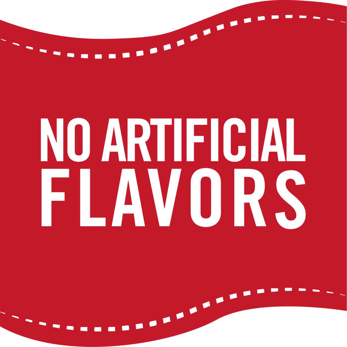 A red banner with a white dashed line border that says NO ARTIFICIAL FLAVORS.