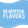 A blue label with a white dashed line border that says NO ARTIFICIAL FLAVORS in white text.