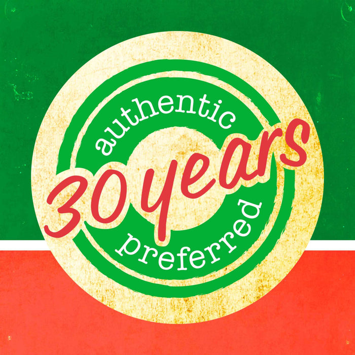 A green and yellow circle with the words authentic 30 years preferred in white and red.