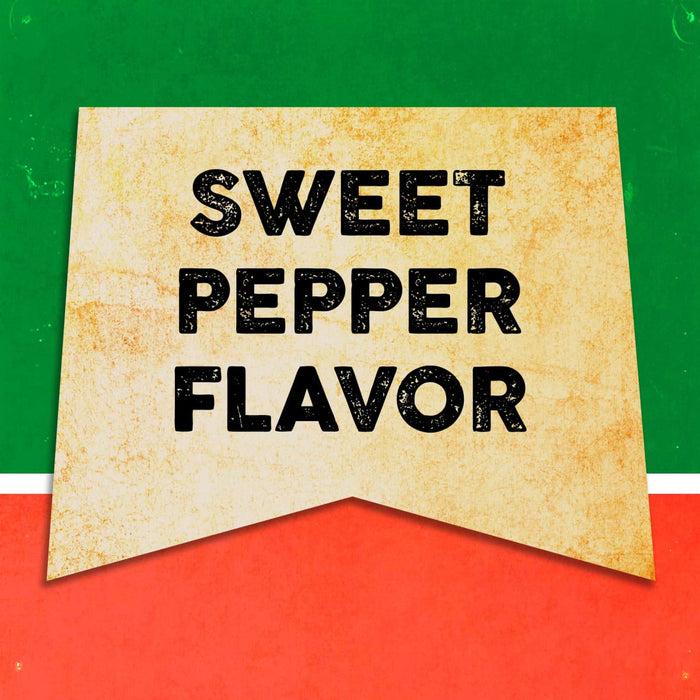 A vintage-style banner with the text Sweet Pepper Flavor in black letters on a yellow background.