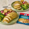 McCormick Garlic Ranch Crunchy Chicken seasoning packet with a plate of breaded chicken, potatoes, and broccoli.