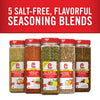 Five Lawry's Salt-Free Seasoning Blends in glass jars with red lids.
