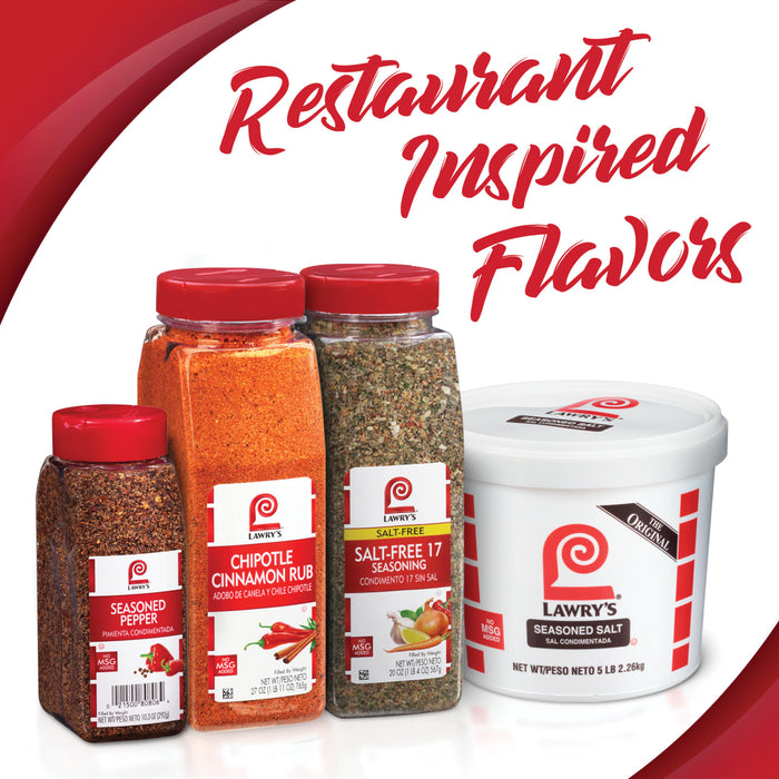 A collection of Lawry's seasoning products, including seasoned pepper, chipotle cinnamon rub, salt-free seasoning, and seasoned salt.