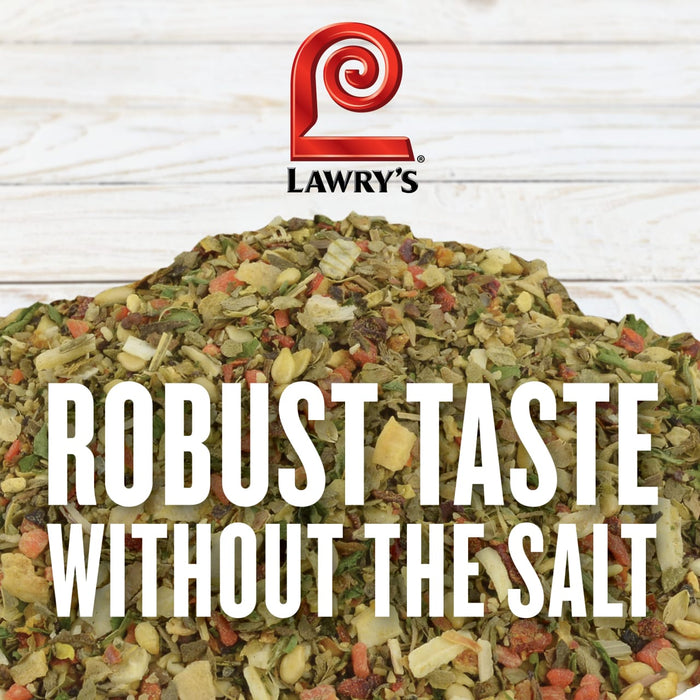 A pile of Lawry\'s seasoning blend with the text Robust Taste Without The Salt on top.