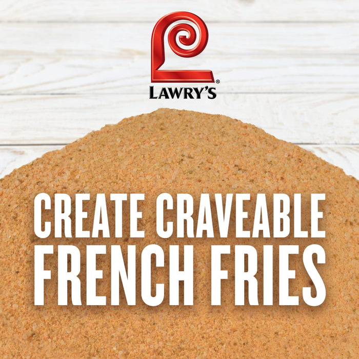 Lawry's seasoning on a white wood background with the text 'Create Craveable French Fries'.