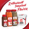 Lawry's Seasoned Salt, Seasoned Pepper, Chipotle Cinnamon Rub, and Salt-Free 17 Seasoning are shown in their containers.
