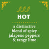 An illustration of three jalapeno peppers with the text HOT and a description of the product.