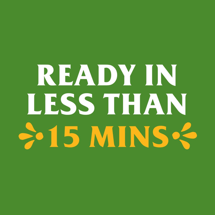 A green background with white text that says Ready in less than 15 mins with yellow flower-like symbols on either side of the number 15.