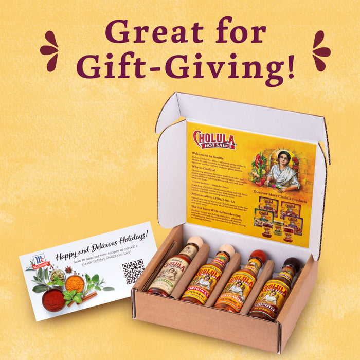 A box of Cholula hot sauce bottles with a variety of flavors, perfect for gift giving.