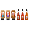 Six bottles of Franks RedHot sauce in different flavors.