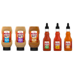 Six bottles of Franks RedHot sauce in different flavors.