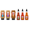 Six bottles of Franks RedHot sauce in different flavors.