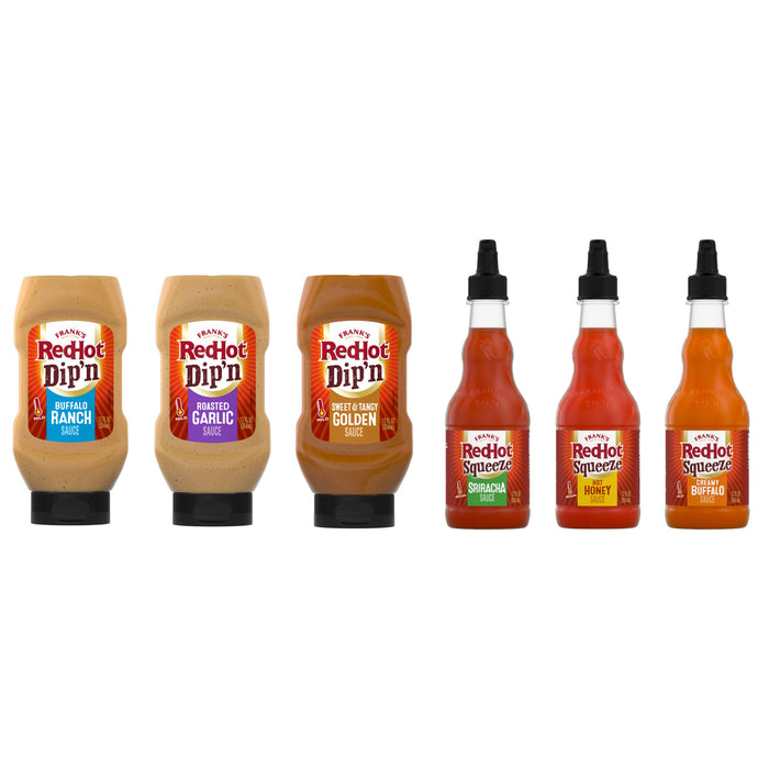 Six bottles of Franks RedHot sauce in different flavors.
