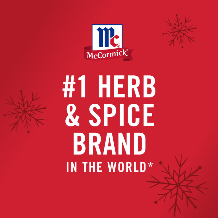 The McCormick logo with the text #1 Herb &amp; Spice Brand in the World on a red background with snowflakes.