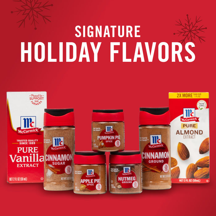McCormick spices in holiday flavors including vanilla cinnamon pumpkin pie apple pie nutmeg and almond.