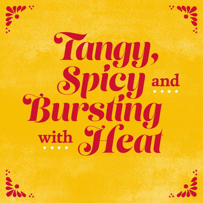 A graphic with red text on a yellow background that reads Tangy Spicy and... Bursting with... Heat