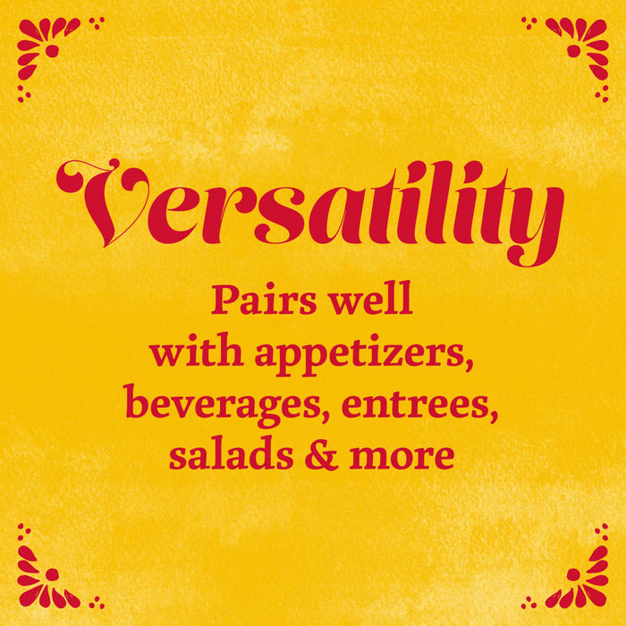 A yellow background with red text that says Versatility Pairs well with appetizers beverages entrees salads &amp; more.