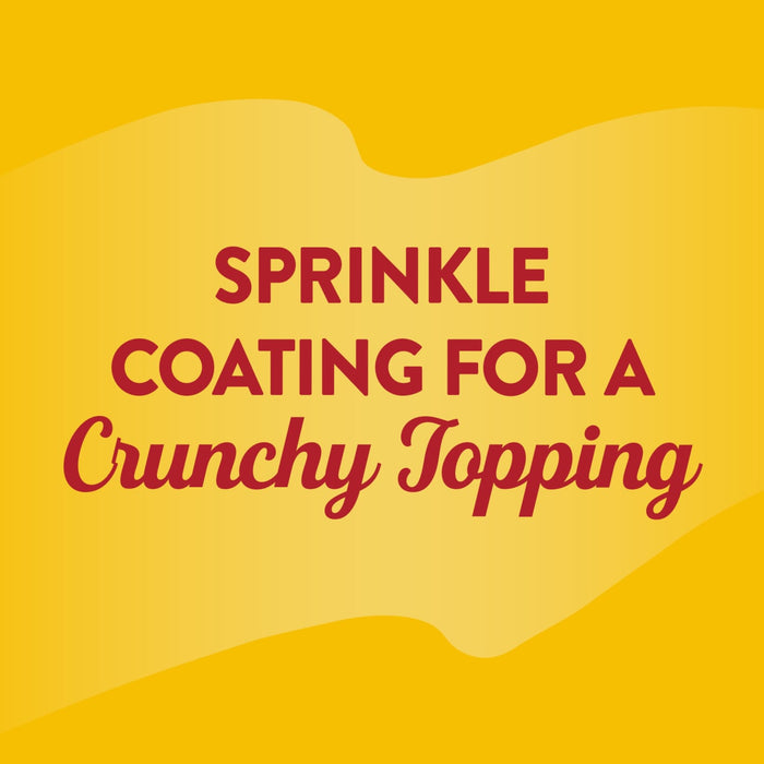A yellow background with red text that reads Sprinkle Coating for a Crunchy Topping.