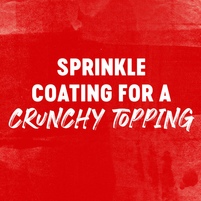 White text on a red background that says Sprinkle coating for a crunchy topping.
