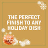 White text on a gold background with snowflakes and caramel candy reads The perfect finish to any holiday dish.