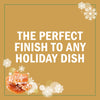 White text on a gold background with snowflakes and caramel candy reads The perfect finish to any holiday dish.
